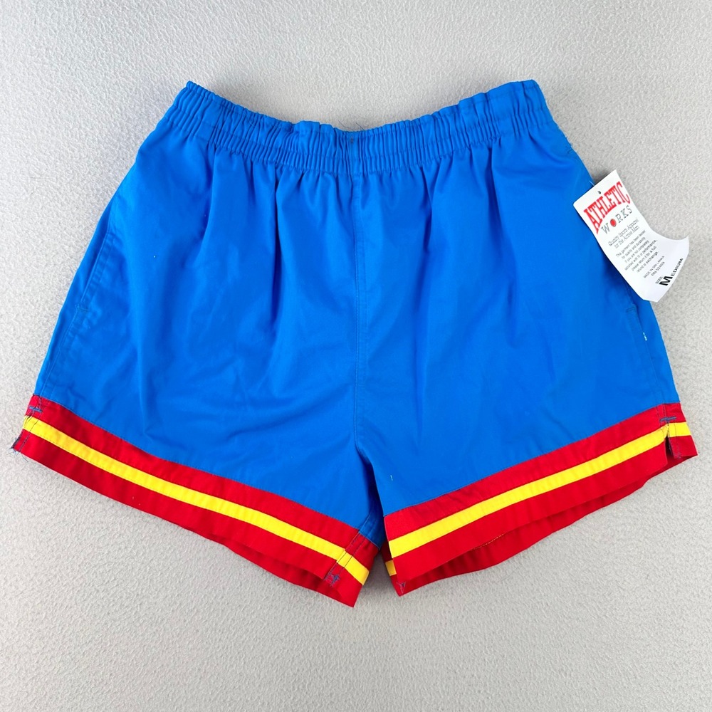 Vintage Athletic Works Swim Trunks Mens Medium Blue/Red Striped Mesh Lined Retro
